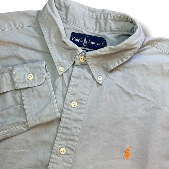 Vintage Ralph Lauren Button Down Mens XL Blue Gray Faded Classic Fit Shirt Pony - Picture 5 of 12